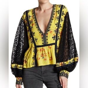 Free People Boogie All Night Embellished Floral Blouse Yellow Black Lace Size S